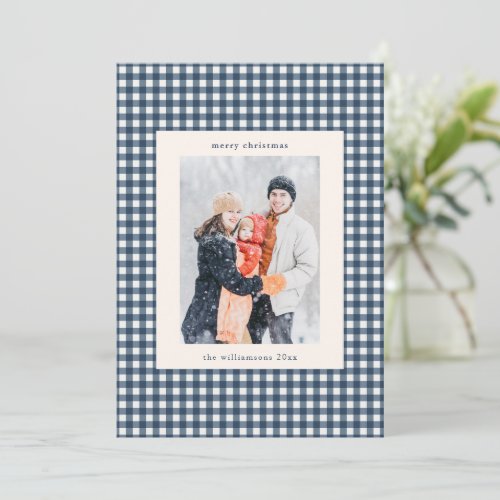 Custom Photo Navy Blue Gingham Plaid Christmas Holiday Card