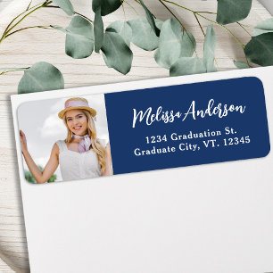 Custom Photo Navy Blue Graduation Return Address Label