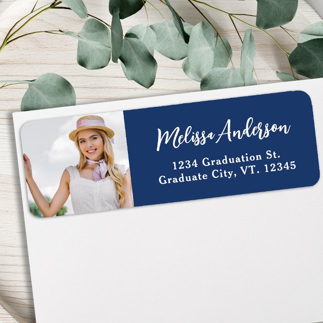 Custom Photo Navy Blue Graduation Return Address Label (Creator Uploaded)