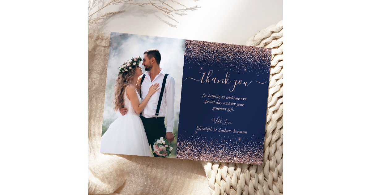 Custom Photo Navy Blue Rose Gold Glitter Wedding Thank You Card | Zazzle