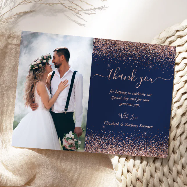 Custom Photo Navy Blue Rose Gold Glitter Wedding Thank You Card | Zazzle