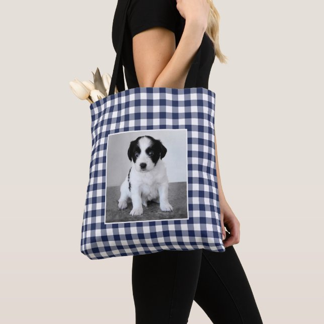 Custom Photo Navy Blue White Gingham Check Tote Bag (Close Up)
