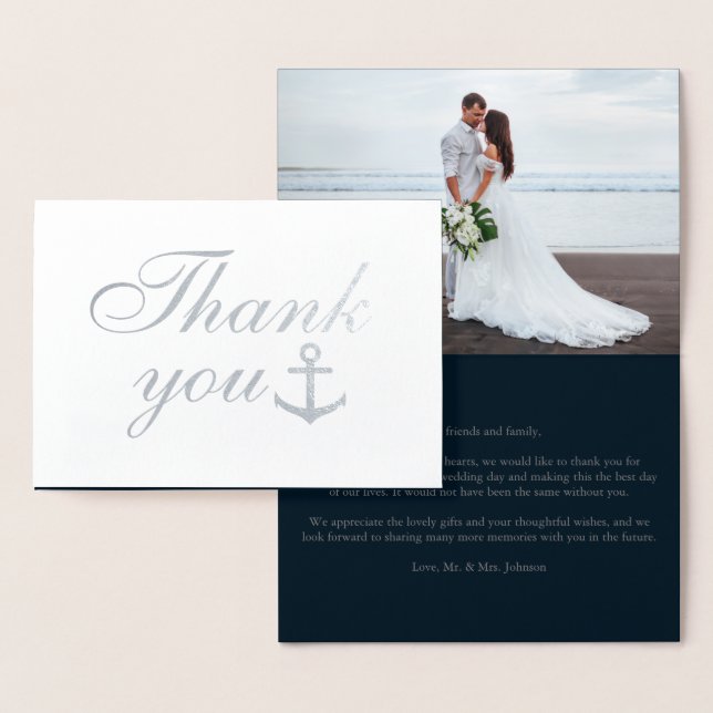 Custom Photo Navy Nautical Wedding Thank You Real Foil Card (Display)