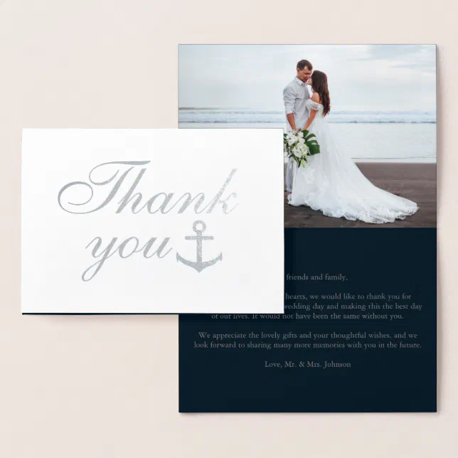 Custom Photo Navy Nautical Wedding Thank You Real Foil Card | Zazzle