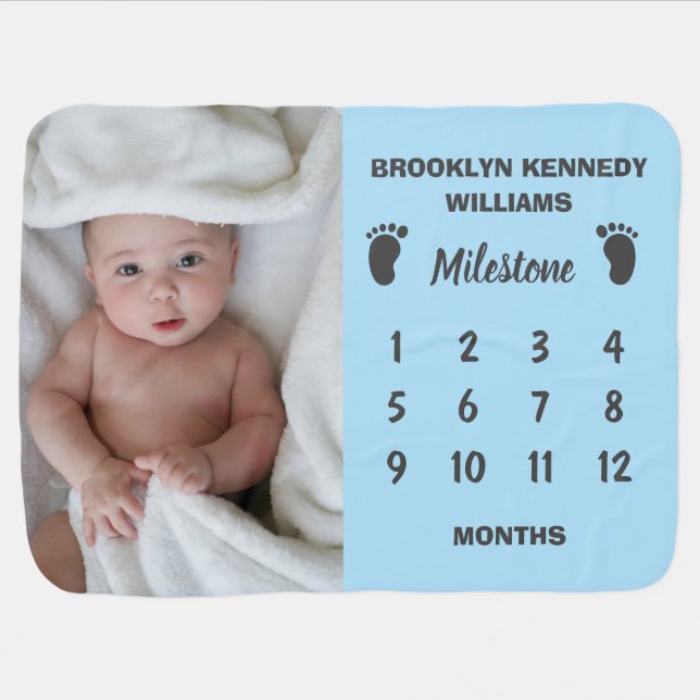 Custom Photo Newborn Name New Baby Month Milestone Blanket (Horizontal)