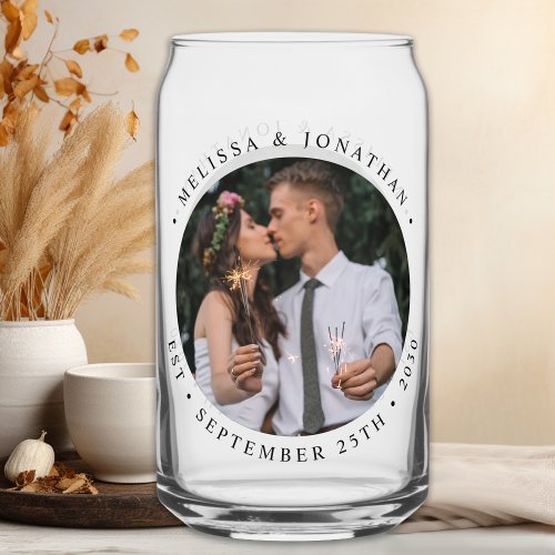 Custom Photo Newlywed Couple Name Est Date Wedding Can Glass