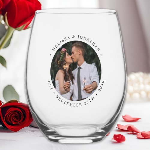 Custom Photo Newlywed Couple Name Est Date Wedding Stemless Wine Glass