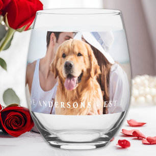 Custom Photo Newlywed Name Date Modern Wedding Stemless Wine Glass