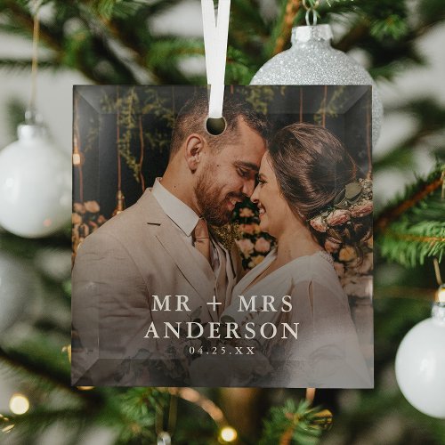 Custom Photo Newlyweds Mr   Mrs Christmas  Glass Ornament