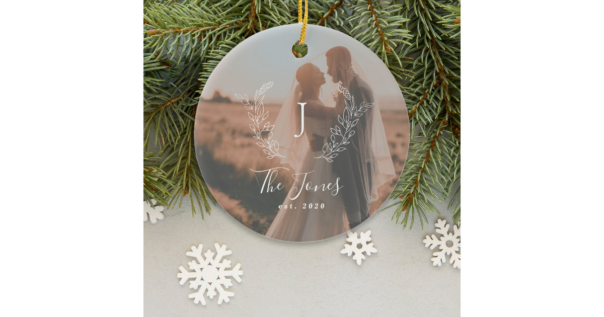 Custom photo newlyweds name monogram elegant ceramic ornament Zazzle