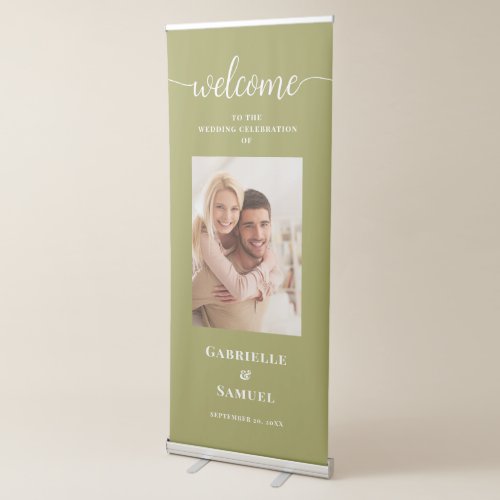 Custom Photo Olive Green Simple Wedding Welcome Retractable Banner