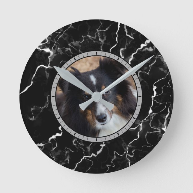 Custom Photo On Faux Black Marble Texture Look Round Clock (Front)