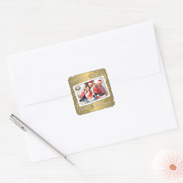Custom Photo On Faux Gold Snowflakes Pattern Square Sticker (Envelope)