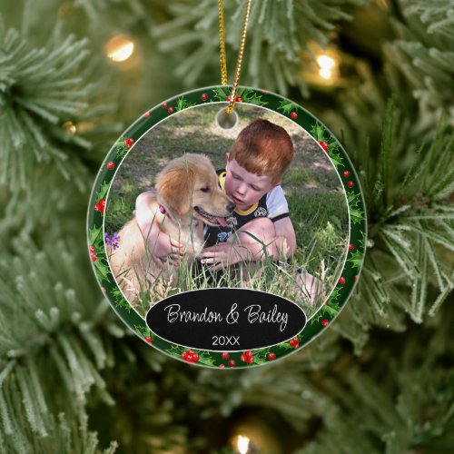Custom Photo On Red Berries Green Holly Pattern Ceramic Ornament