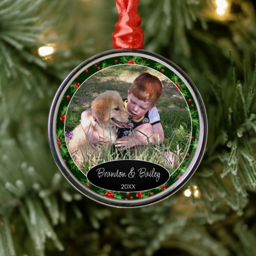 Custom Photo On Red Berries Green Holly Pattern Metal Ornament