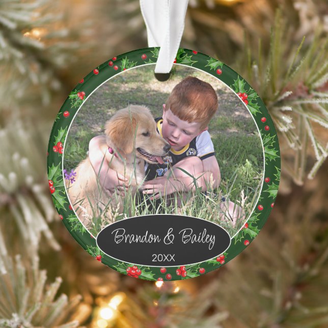 Custom Photo On Red Berries Green Holly Pattern Ornament (Tree)