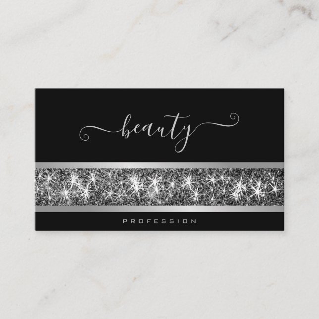 Custom Photo or Logo Luminous Silver Glitter Black Business Card (Front)