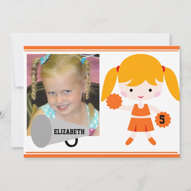 Custom Photo Orange Cheerleader Birthday Invite (Front)