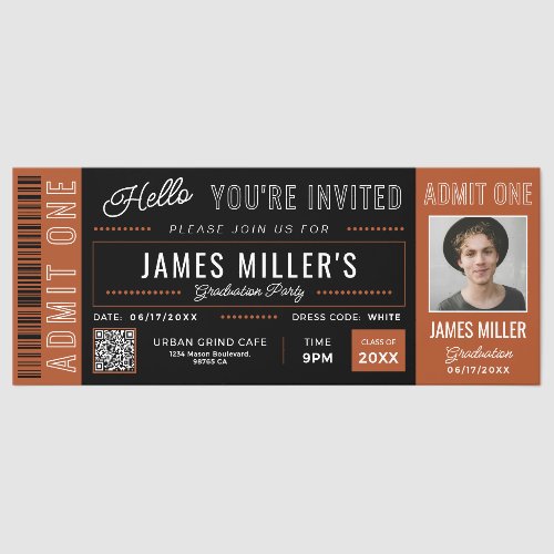 Custom Photo Orange Graduation Invite Tickets