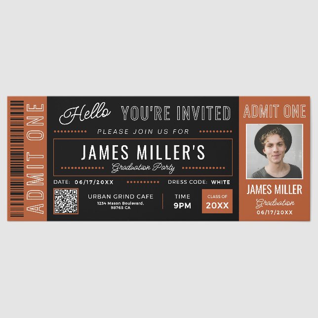 Custom Photo Orange Graduation Invite Tickets (Front)