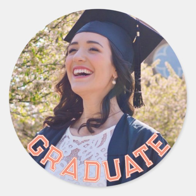 Custom Photo Orange Graduation Party Table Classic Round Sticker (Front)