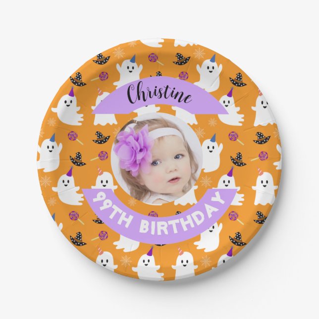 Custom Photo Orange Halloween Ghost Birthday Party Paper Plates (Front)