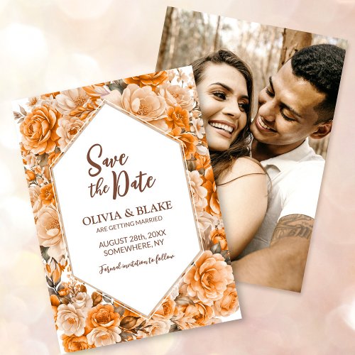 Custom Photo Orange Rose Floral Wedding Save The Date