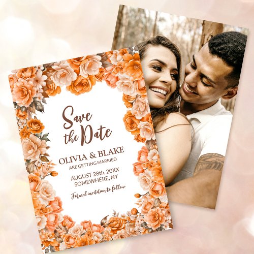 Custom Photo Orange Rose Floral Wedding Save The Date