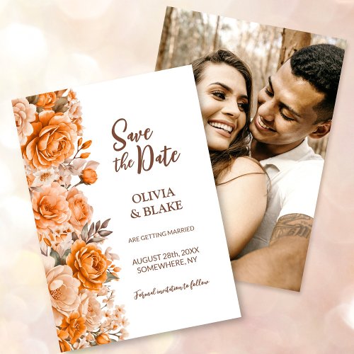 Custom Photo Orange Rose Floral Wedding Save The Date