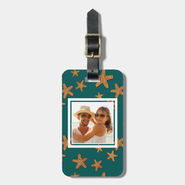 Custom Photo Orange Starfish Pattern Luggage Tag (Front Vertical)
