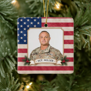 Custom Photo Ornament, Vintage American Flag Ceramic Ornament