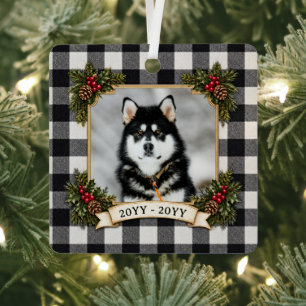 Custom Photo Ornament, Vintage Black White Plaid Metal Ornament