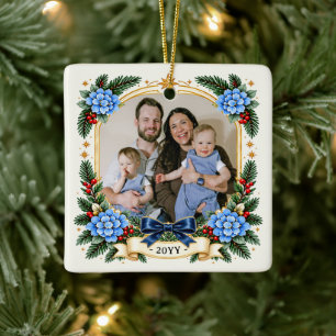 Custom Photo Ornament, Vintage Floral Hydrangea Ceramic Ornament