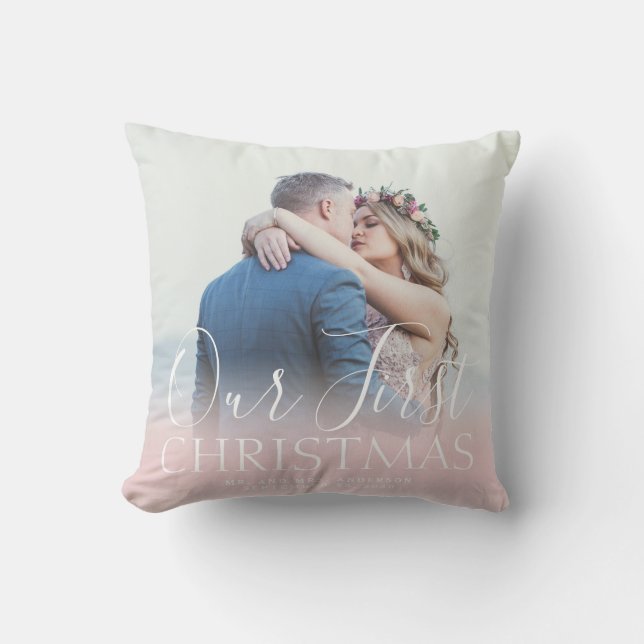 Custom Photo Our First Christmas Wedding Holiday Throw Pillow (Front)