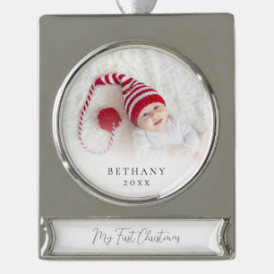 Custom Photo Overlay Name Baby First Christmas Silver Plated Banner Ornament