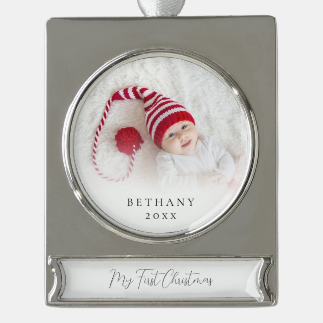 Custom Photo Overlay Name Baby First Christmas  Silver Plated Banner Ornament (Front)