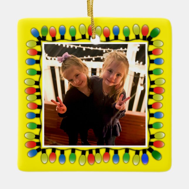 Custom Photo Party Lights Yellow Ceramic Ornament (Front)