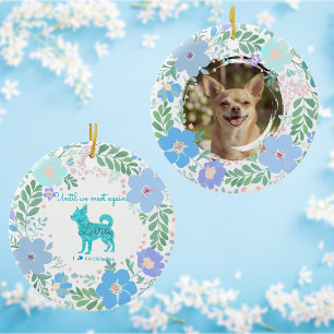 Custom Photo Pastel Blue Chihuahua & Floral Ceramic Ornament