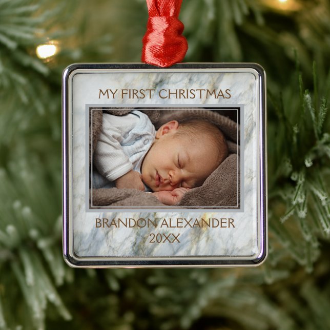 Custom Photo Pastel Blue Gray Marble Pattern Metal Ornament (Tree)