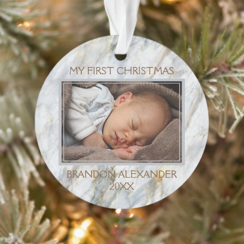 Custom Photo Pastel Blue Gray Marble Pattern Ornament