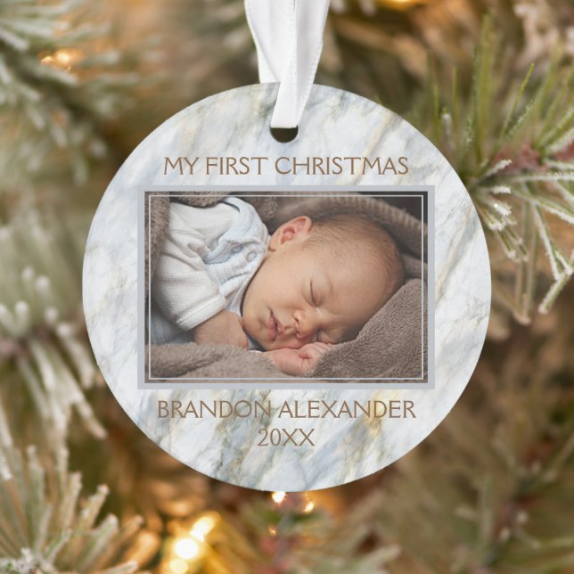 Custom Photo Pastel Blue Gray Marble Pattern Ornament (Tree)
