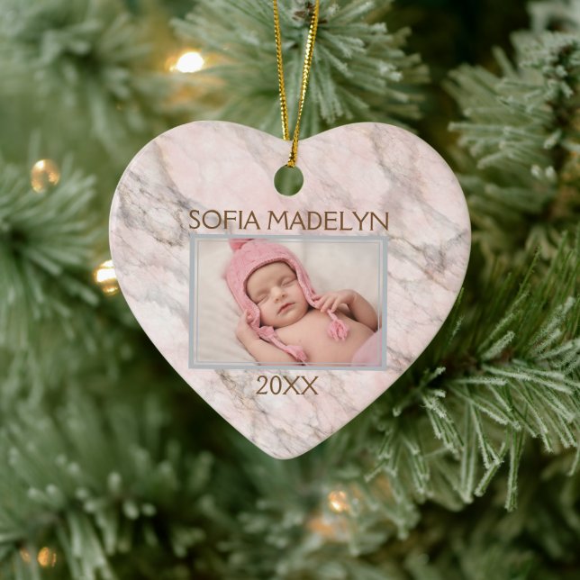 Custom Photo Pastel Pink Gray Marble Pattern 2025 Ceramic Ornament (Tree)