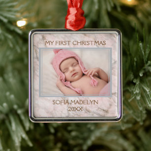 Custom Photo Pastel Pink Gray Marble Pattern Metal Ornament
