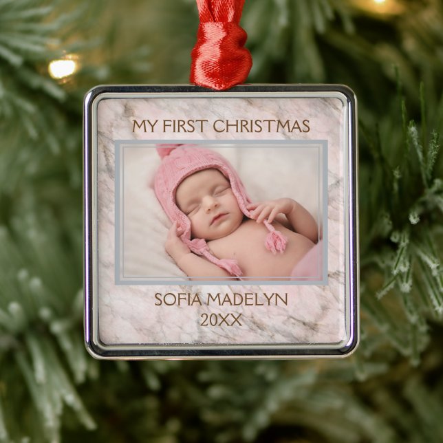 Custom Photo Pastel Pink Gray Marble Pattern Metal Ornament (Tree)