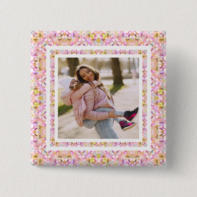 Custom Photo Pastel Pink Happy Green Mother’s Day Button (Front)