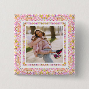 Custom Photo Pastel Pink Happy Green Mother’s Day Button