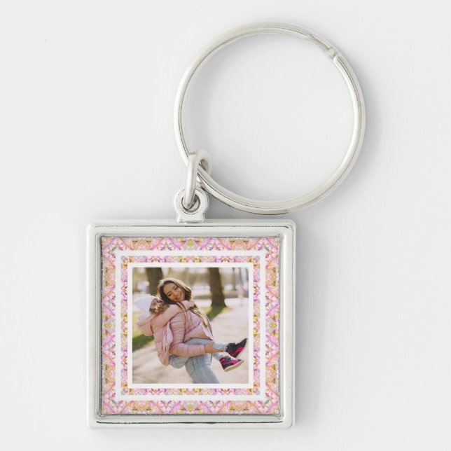 Custom Photo Pastel Pink Happy Green Mother’s Day Keychain (Front)
