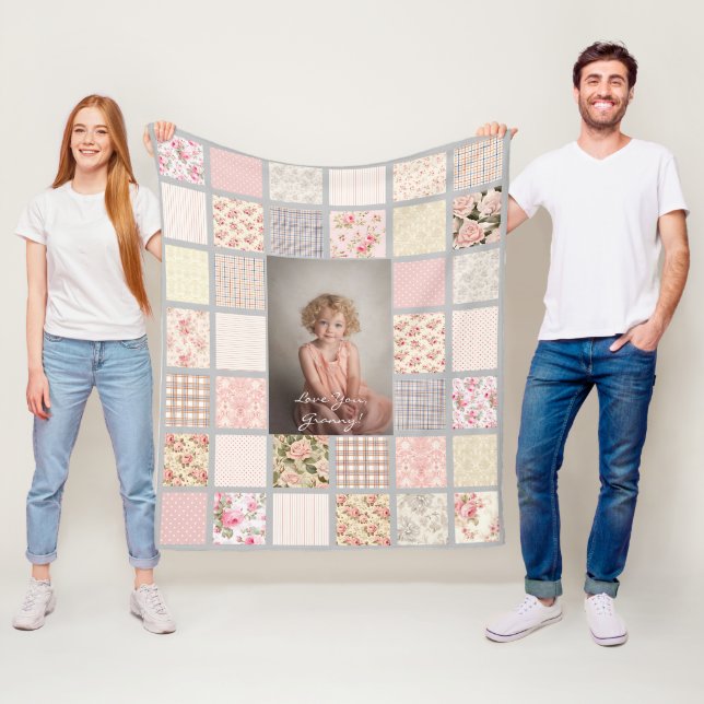 Custom Photo Patchwork Floral Granny Fleece Blanket (In Situ)