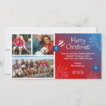 Custom Photo Patriotic Christmas Cards<br><div class="desc">Unique custom photo patriotic Christmas cards that you can easily personalize! These fun beach themed Christmas cards are designed with the 4th of July in mind, with sparkly stars and stripes along with exploding fireworks. There're 3 custom photo areas framed by a trendy white grunge border for you to insert...</div>