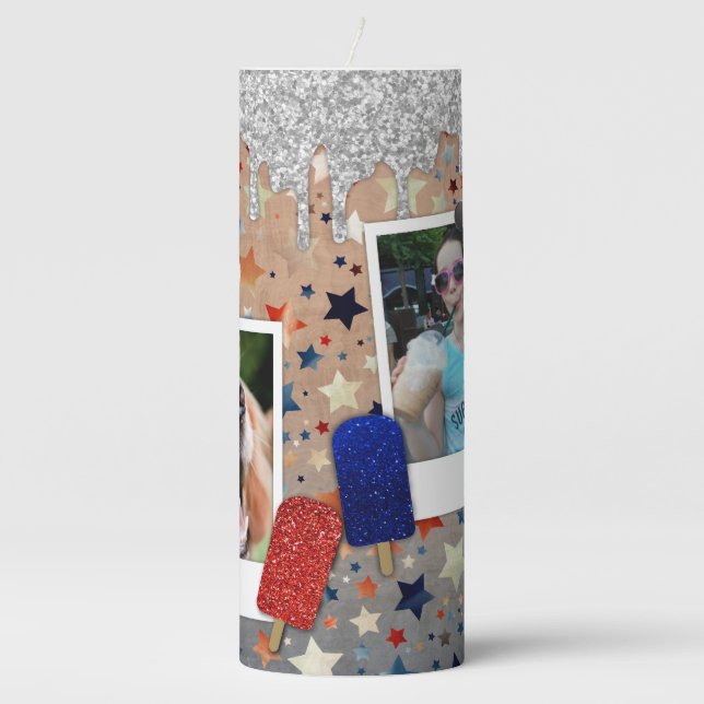 Custom Photo Patriotic Stars Red, White And Blue Pillar Candle (Front)